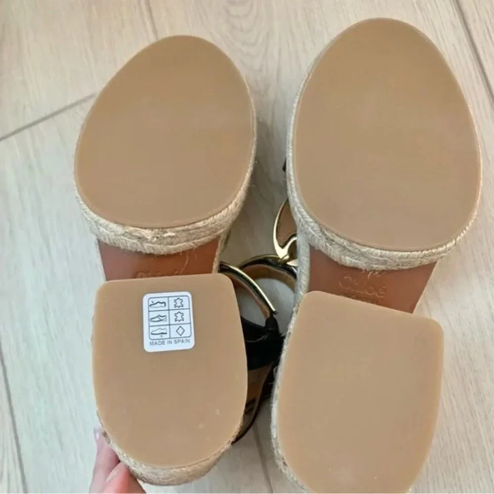 🌟 CHLOE Pema Black Leather Gold Medallion Espadrille Heeled Platform Sandals